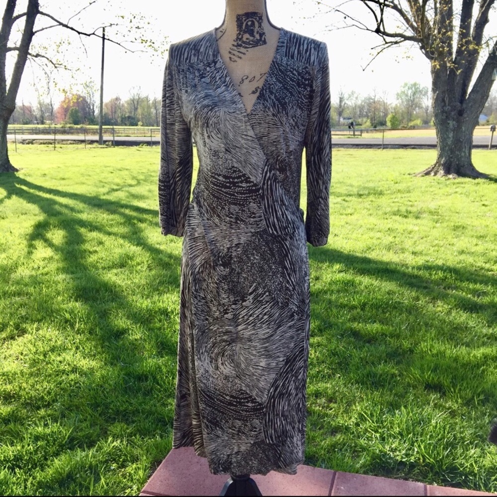 Kenneth Cole Brown And Cream Wrap Midi Dress